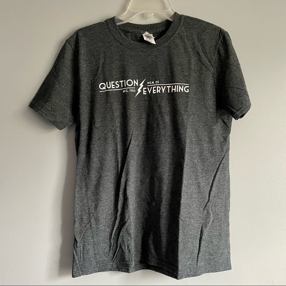 Heather blue grey Question Everything shirt